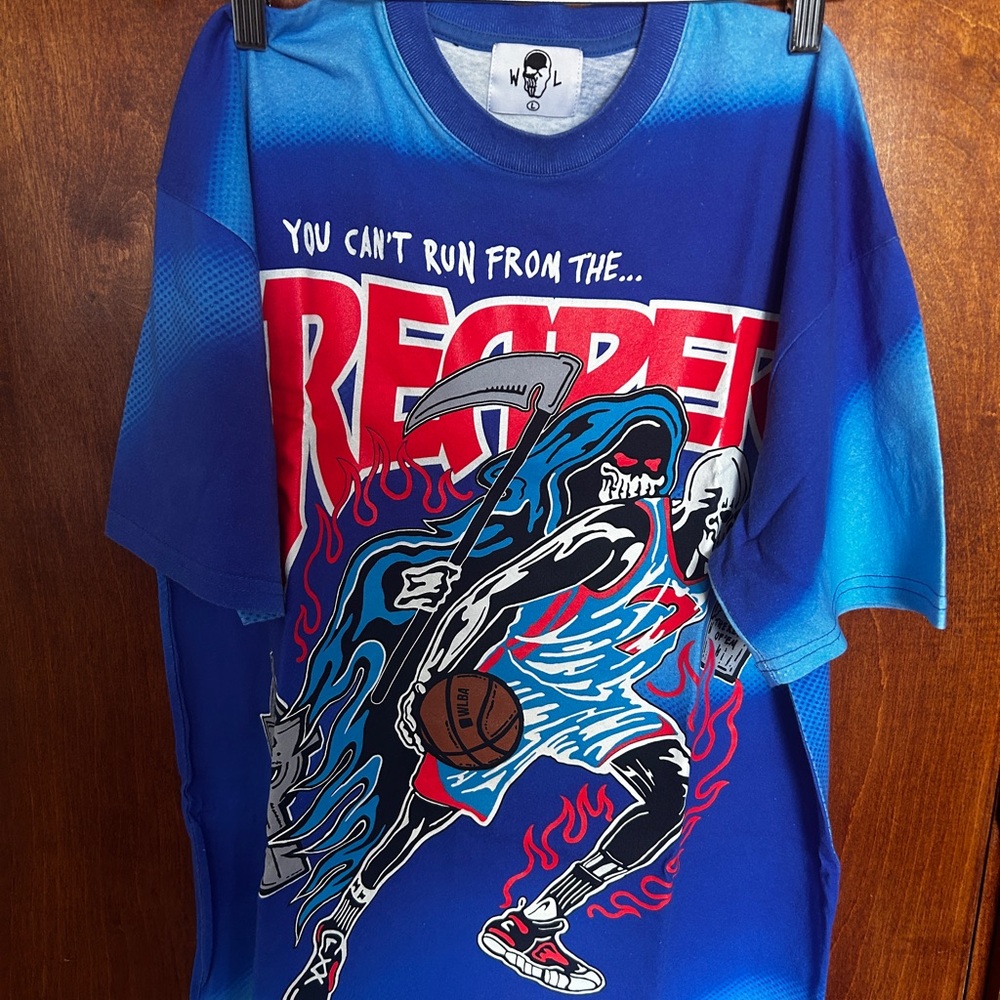 Blue Graphic Tee with Red Accents